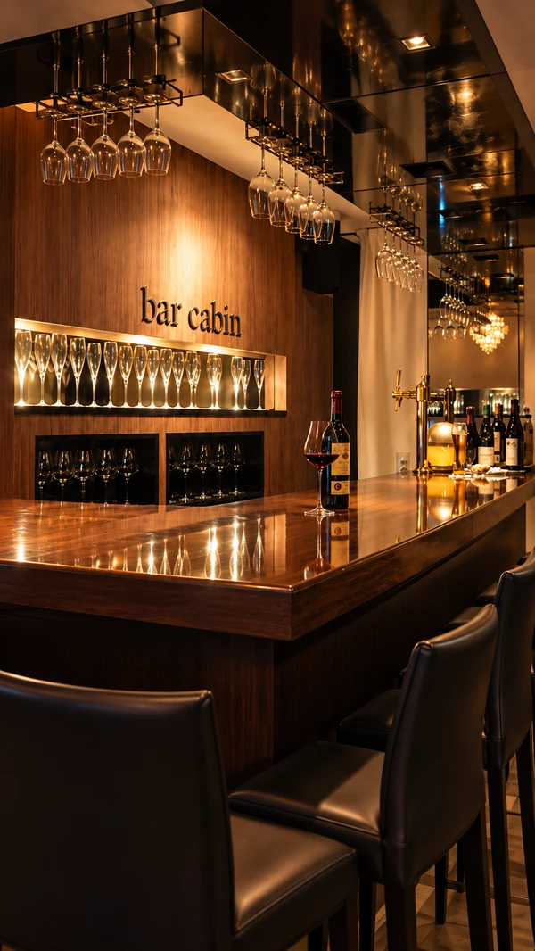 bar cabinの木のカウンター、吊り下げられたグラスと温かな照明